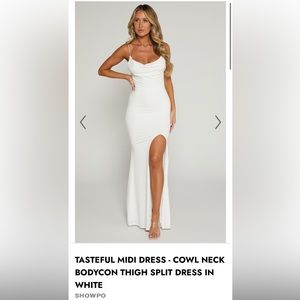 Showpo cowl neck bodycon thigh slit dress in white